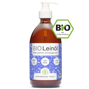 Flasche BIO Leinöl (Leinsamenöl) mit Pumpenspender, beschriftet mit "100% natürlich und kaltgepresst," für alle Hunde und Katzen.