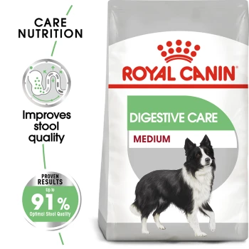Royal Canin Digestive Care dog food bag featuring a Border Collie illustration, highlighting improved stool quality and 91% optimal results.