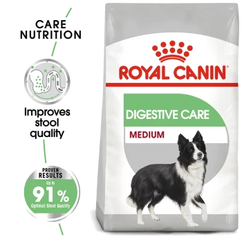 Royal Canin Digestive Care dog food bag featuring a Border Collie illustration, highlighting improved stool quality and 91% optimal results.