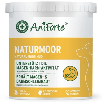 Behälter mit AniForte Naturmoor, einem natürlichen Moor-Schlamm für Haustiere, der die gastrointestinalen Gesundheit und die Erhaltung der Schleimhäute fördert.