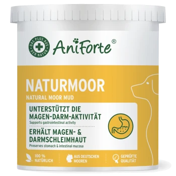 Behälter mit AniForte Naturmoor, einem natürlichen Moor-Schlamm für Haustiere, der die gastrointestinalen Gesundheit und die Erhaltung der Schleimhäute fördert.
