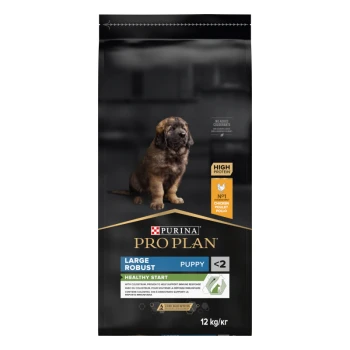 Puppy Large Robust Healthy Start Huhn 12kg Purina Pro Plan Large Robust Welpenfutterbeutel, mit einem Welpen auf der Vorderseite, beschriftet mit "Hoher Proteingehalt" und "Gesunder Start", 12 kg.