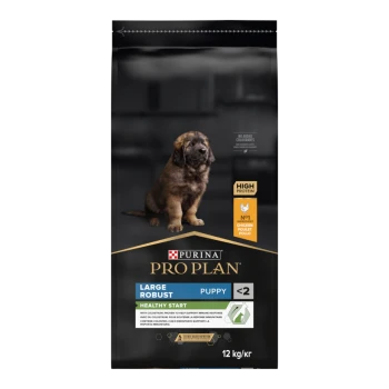 Purina Pro Plan Large Robust Welpenfutterbeutel, mit einem Welpen auf der Vorderseite, beschriftet mit "Hoher Proteingehalt" und "Gesunder Start", 12 kg.