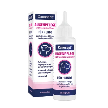 Canosept Hunde-Augenpflege-Flasche und -Verpackung, beschriftet mit 'AUGENPFLEGE und Tränensteinentferner' und 'FÜR HUNDE', rosa/dunkelblaues Hunde-Icon.