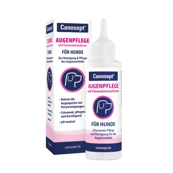 Canosept Hunde-Augenpflege-Flasche und -Verpackung, beschriftet mit 'AUGENPFLEGE und Tränensteinentferner' und 'FÜR HUNDE', rosa/dunkelblaues Hunde-Icon.