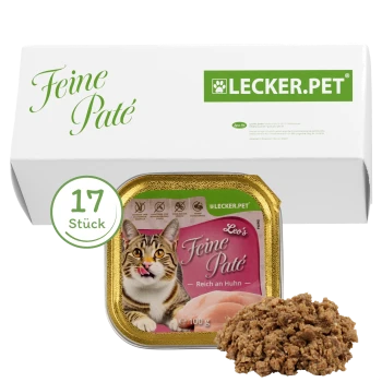 Katzenfutterverpackung mit "Leo's Feine Paté" und einer Katze, die sich die Lippen leckt, 100g Portion und eine Box mit 17 Stück.
