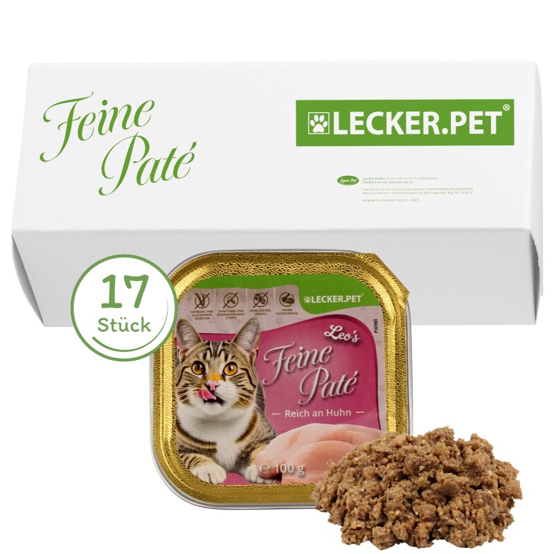 Lyra Pet Lecker.Pet Leo's Feine Paté Reich an Huhn Katzenfutter Nassfutter Vollnahrung 17x100 g