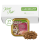 Katzenfutterverpackung mit "Leo's Feine Paté" und einer Katze, die sich die Lippen leckt, 100g Portion und eine Box mit 17 Stück.