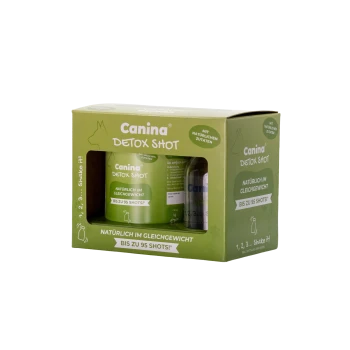 Grüne Canina Detox Shot Ergänzung für Haustiere in Schachtel mit sichtbarer Flasche; Text: „Natürlich im Gleichgewicht“ und „Bis zu 95 Shots“