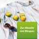 Ein leicht gestreifter Stoff mit mehreren grünen und gelben Zitrusfrüchten, Sonnenbrillen und fliegenden Wespen, mit dem Text "Zur Abwehr von Wespen."