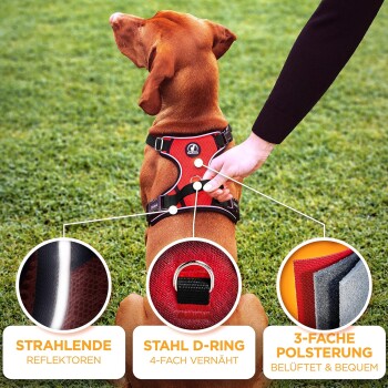 Ein brauner Hund mit einem schwarzen Geschirr steht auf Gras, mit hervorgehobenen Merkmalen wie reflektierenden Streifen, einem Stahl-D-Ring und einer dreilagigen Polsterung.