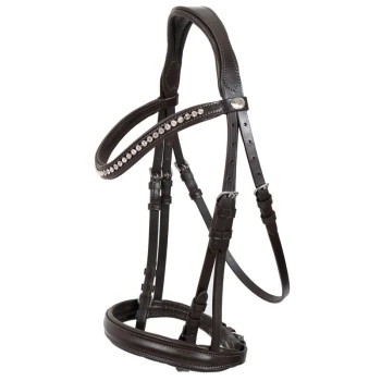 Braunes Lederpferdegeschirr mit dekorativen Strasssteinen, mit verstellbaren Riemen und einem gepolsterten Kopfstück.