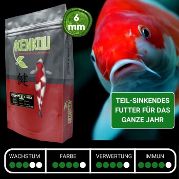 Kenkou Complete-Mix Koi-Futterbeutel mit einer Größe von 6 mm, mit einem lebhaften Koi-Fisch und dem Text "Teil-sinkendes Futter für das ganze Jahr."