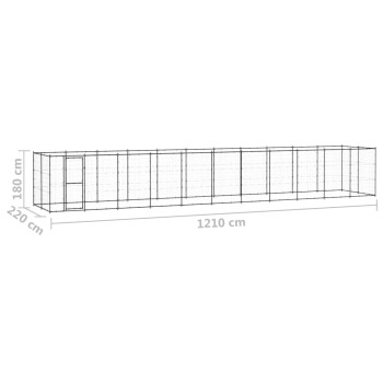 Illustration eines großen Freiluft-Haustiergeheges, 220 cm hoch, 180 cm breit, 1210 cm lang, mit einer Tür und Drahtgeflecht für Sichtbarkeit.