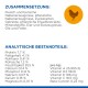 Verpackung für Tiernahrung, die Zutaten und Nährwertanalyse auf Deutsch anzeigt, einschließlich Protein-, Fett- und Vitamingehalt.