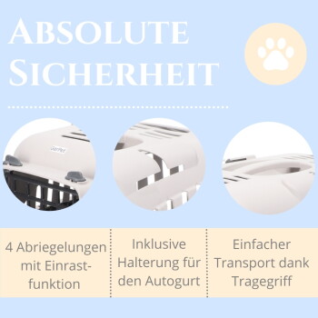 Banner für Transportbox 'ABSOLUTE SICHERHEIT': drei Nahaufnahmen, Pfoten-Symbol, deutsche Beschriftungen — 4 Verriegelungen, Gurtbefestigung, Tragegriff