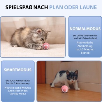 Ein verspieltes Kätzchen spielt mit einem rosa Ball auf einer weichen Oberfläche, mit 'Normalmodus' (grünes Licht) und 'Smartmodus' (blaues Licht) mit automatischer Abschaltung.
