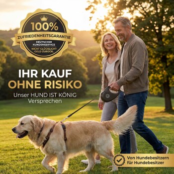 Paar, das mit einem Hund spazieren geht, mit Text, der positive Bewertungen hervorhebt: "Top Qualität," "Stabile Leine," und "Tolles Preis-Leistungs-Verhältnis!"