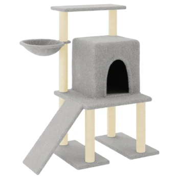 Grauer Katzenbaum mit einem gemütlichen Versteck, zwei Plattformen, einer Hängematte und einer Rampe für einfachen Zugang. Ideal für verspielte Katzen.