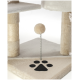 Ein beiger Katzenbaum mit einer plüschigen Oberfläche, einem federnd montierten, flauschigen Ballspielzeug und einem schwarzen Pfotenabdruckdesign an der Basis.