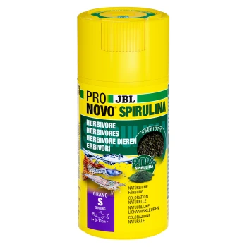 Gelber Behälter mit JBL Pro Novo Spirulina Fischfutter, gekennzeichnet für Herbivoren, mit 20% Spirulina, Präbiotika und sinkenden Granulaten.