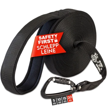 Schwarze Hundetraining-Leine mit einem Karabinerclip, mit einem roten "Safety First"-Label und Größenoptionen: 5 mm, 10 mm, 15 mm, 20 m.