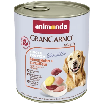 Dose Animonda GranCarno Hundefutter mit der Aufschrift „Single Protein Sensitiv Reines Huhn + Kartoffeln, Adult 1+“ und Hundeabbildung