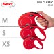 Red flexi retractable dog leashes in three sizes (M, S, XS) displayed with a hand holding the medium size.
