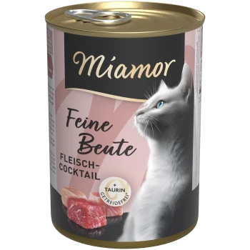 Dose Miamor Feine Beute Fleisch-Cocktail getreidefreies Katzenfutter mit Taurin, zeigt eine weiße Katze mit blauen Augen.
