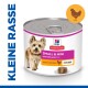 Dosenfutter für Hunde mit der Aufschrift "Hill's Science Plan" für kleine und Mini-Rassen, das Hühnermousse für erwachsene Tiere ab 7 Jahren enthält.