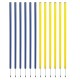 Ein Set aus zehn bunten Trainingsstangen, fünf blau und fünf gelb, in zwei Reihen angeordnet, ideal für die Agilitätstraining von Haustieren.