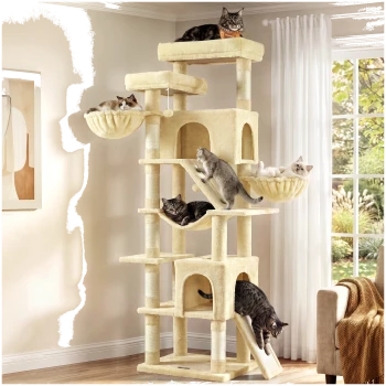 Beiger hoher Kratzbaum mit Plattformen, Hängematten und Höhle, mit sechs Katzen in einem sonnenbeschienenen Wohnzimmer am Fenster.