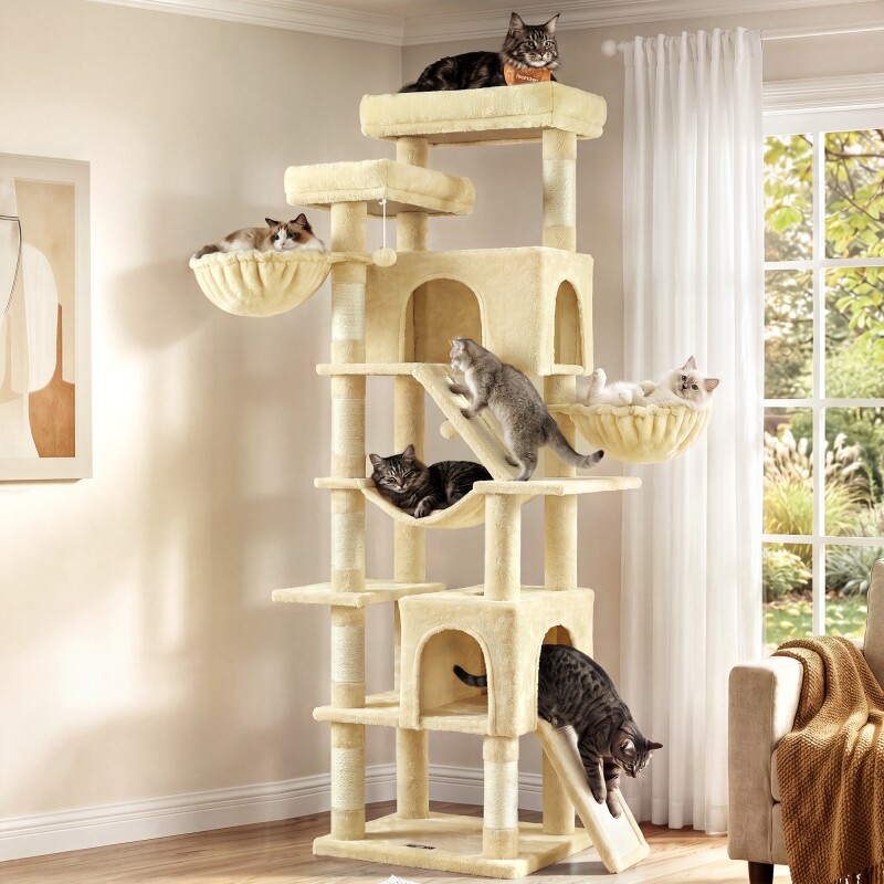 FEANDREA Kratzbaum groß,206cm hoch, für Große Katzen,Mehrkatzenhaushalt beige
