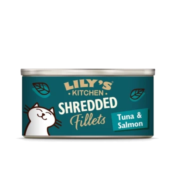 Die Dose mit Katzenfutter von Lily's Kitchen mit zerrissenen Filets zeigt eine Cartoon-Katze, mit dem Text "Thunfisch & Lachs" deutlich sichtbar.