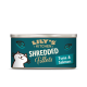 Die Dose mit Katzenfutter von Lily's Kitchen mit zerrissenen Filets zeigt eine Cartoon-Katze, mit dem Text "Thunfisch & Lachs" deutlich sichtbar.