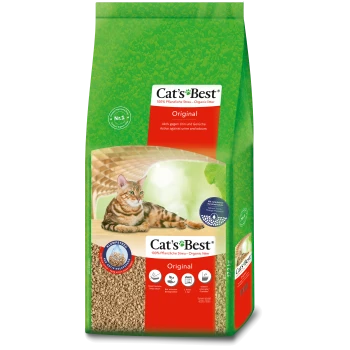 Green bag of Cat's Best organic cat litter with a tabby cat on wood. Text: "100% Organic," "Active against odors," "Biodegradable."