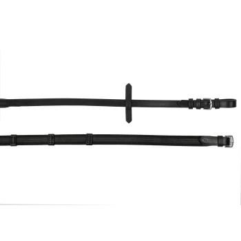 Schwarze verstellbare Haustierleine mit mehreren Clips, flach auf einem weißen Hintergrund ausgelegt.