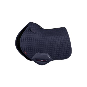 Marineblaues, gestepptes Sattelpad mit einem LeMieux-Logo und Pro Sport-Etikett, mit einem eleganten Design und abgerundeten Kanten.