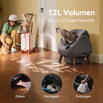 Automatische graue Katzentoilette mit einer Katze darin; eine Frau streichelt eine andere Katze. Text: '12L Volumen - Bis zu 14 Tage Kapazität'.