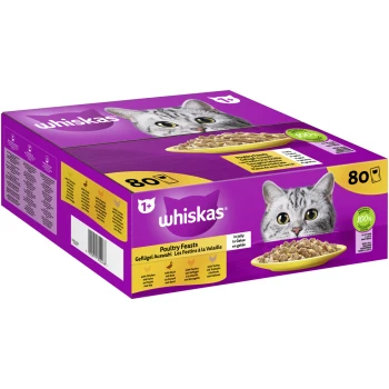 Whiskas Katzenfutterbox mit dem Gesicht einer grauen Katze, beschriftet mit "Poultry Feasts," mit 80 Portionen in Gelee.