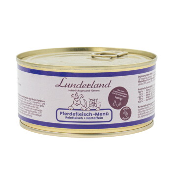 Eine Dose Hundefutter mit der Aufschrift "boos Pferdefleisch Menü" mit einem goldenen Deckel und einem weißen Etikett mit blauen Akzenten, als Ergänzungsfutter für Hunde gekennzeichnet.