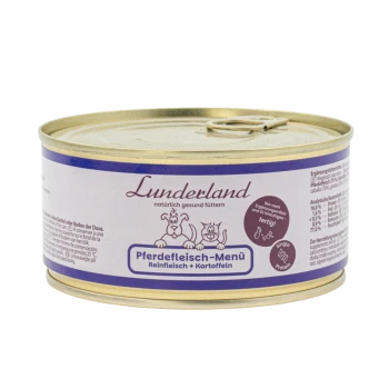 Eine Dose Hundefutter mit der Aufschrift "boos Pferdefleisch Menü" mit einem goldenen Deckel und einem weißen Etikett mit blauen Akzenten, als Ergänzungsfutter für Hunde gekennzeichnet.