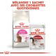 Emballage de nourriture pour animaux de compagnie Royal Canin avec de la nourriture sèche "Feline Preference Savour Exigent" et de la nourriture humide "Instinctive", avec un texte suggérant de les mélanger.