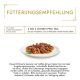 Image d'une assiette de nourriture pour chat avec de la viande effilochée, garnie d'une branche de romarin. Le texte conseille de donner 3 à 4 boîtes par jour pour un chat de 4 kg.