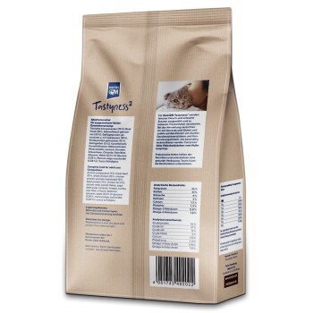 Braune Tierfuttertüte mit der Aufschrift 'NutriQM Tastyness²' mit Zutaten und Nährwertinformationen für erwachsene Katzen, einschließlich Protein- und Fettgehalt.
