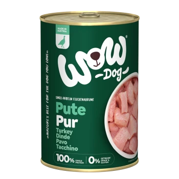 Dose mit WOW Hundefutter mit Putenfleisch, beschriftet mit "Pute Pur" und Text, der 100% einzelnes Protein anzeigt, hergestellt in Österreich.