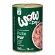 Dose mit WOW Hundefutter mit Putenfleisch, beschriftet mit "Pute Pur" und Text, der 100% einzelnes Protein anzeigt, hergestellt in Österreich.
