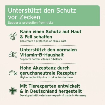 Panel: ‚Unterstützt Schutz vor Zecken‘ — Haut- und Fellschutz, Vitamin-B-Unterstützung, geruchlos, in Zusammenarbeit mit Tierärzten entwickelt.