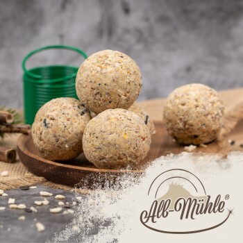 Premium-Haustierfutterbällchen auf einem weißen Hintergrund gestapelt, mit verstreuten Samen um sie herum.