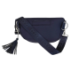Navyblaue Tragetasche für Haustiere mit einem Quasten und einem Riemen, auf dem das Wort "DOOG" eingeprägt ist.
